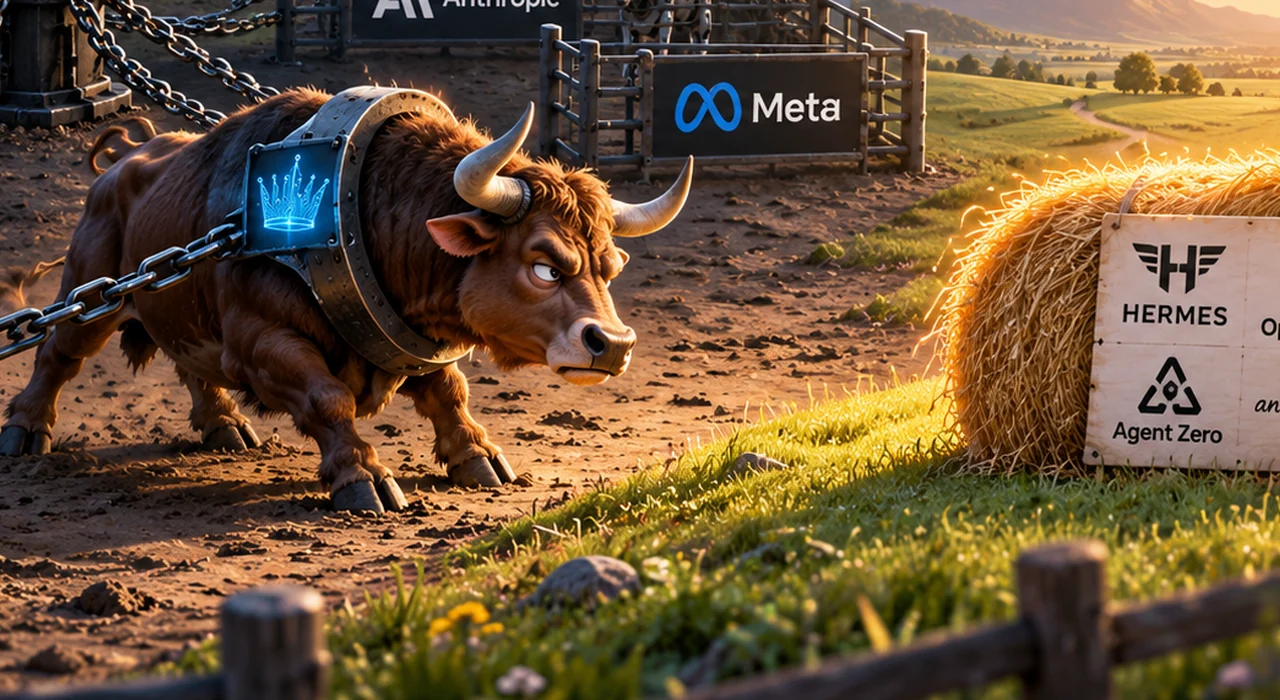 Satirical illustration: a bull tethered beside a pile of hay it cannot reach